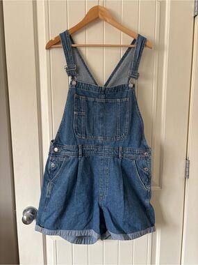 &Denim Blue Denim Short Overalls Romper Women’s Large EU 46 Cuffed Bib Shorts